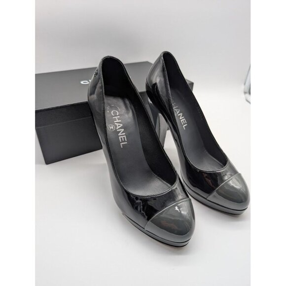 Chanel Patent Leather Platform High Heel Pumps Size US 8 EU 38.5 Black Box Dust - Picture 1 of 16